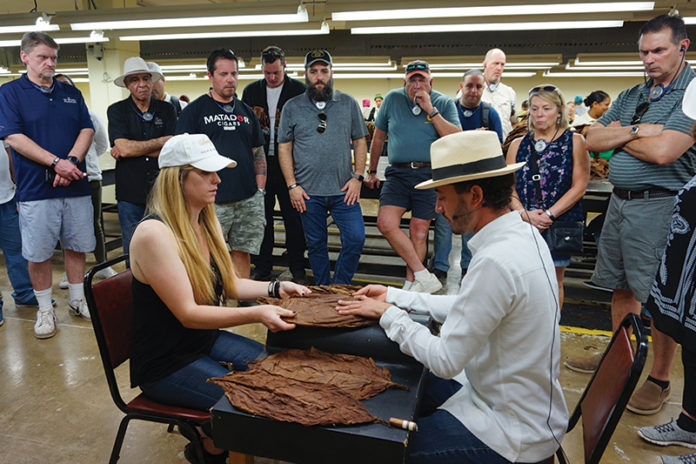 Kim Squires of Squire Cigars inspects a leaf of tobacco with Klaas Kelner.